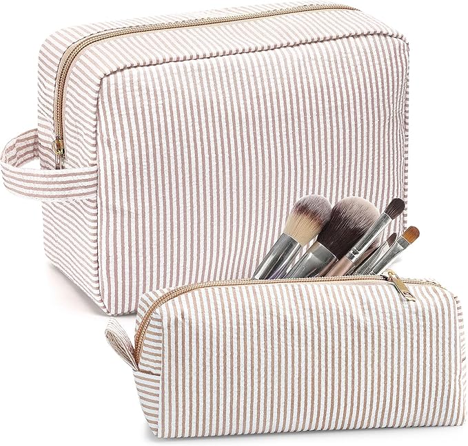 Sanwuta 2 Pcs Makeup Bag Set Seersucker Cosmetic Bag for Women Cute Stripe Travel Toiletry Organizer Aesthetic Preppy Storage Pouch for Girls Wedding Bridesmaid Valentine's Day Gifts(Brown)