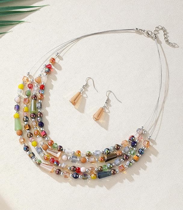 Layered Beaded Statement Necklace Multi Strand Crystal Beads Collar Necklace and Earring Sets for Women Fashion Costume Jewelry Set Gifts for Her