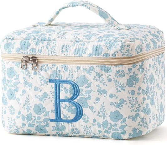HBselect Initial Quilted Makeup Bag, Cotton Large Travel Makeup Bag, Cute Floral Coquette Make up Bag Cosmetic Bag Toiletry Bag for Women Girls B