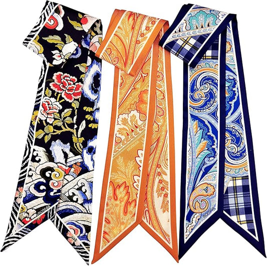 Skinny Scarf 3 Pack for Women – Bag Scarf, Silk Hair Scarves (Original Prints, Premium Twill, 3 Designs)