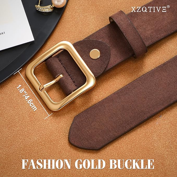 XZQTIVE Women’s Suede Belt for Jeans Pants Dresses Fashion Ladies Dark Brown Belt with Gold Buckle