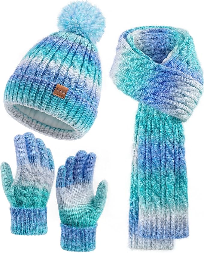 Remifa Winter Hat Scarf Gloves Set for Women Teen Girls, 3 PCS Pom Beanie Skull Cap Knit Scarf Gloves Mittens Valentines Gift