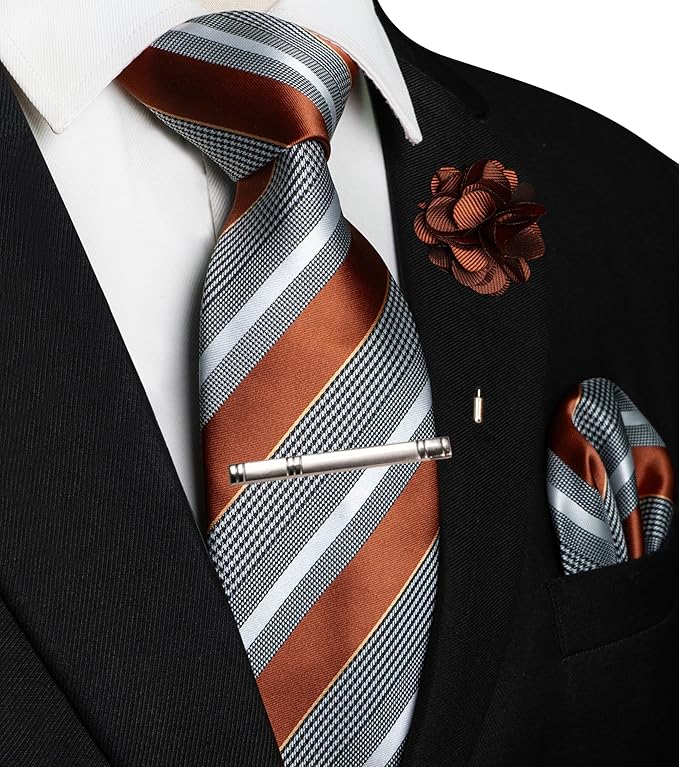 JEMYGINS Mens Striped Tie and Lapel Pin Necktie Pocket Square and Tie Clip Sets for Business Casual 4PCS