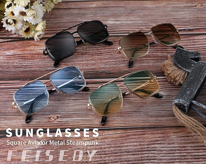 FEISEDY Sunglasses Mens Women Vintage Pilot Square Trendy Metal Steampunk Fishing Driving Sun Glasses B2894