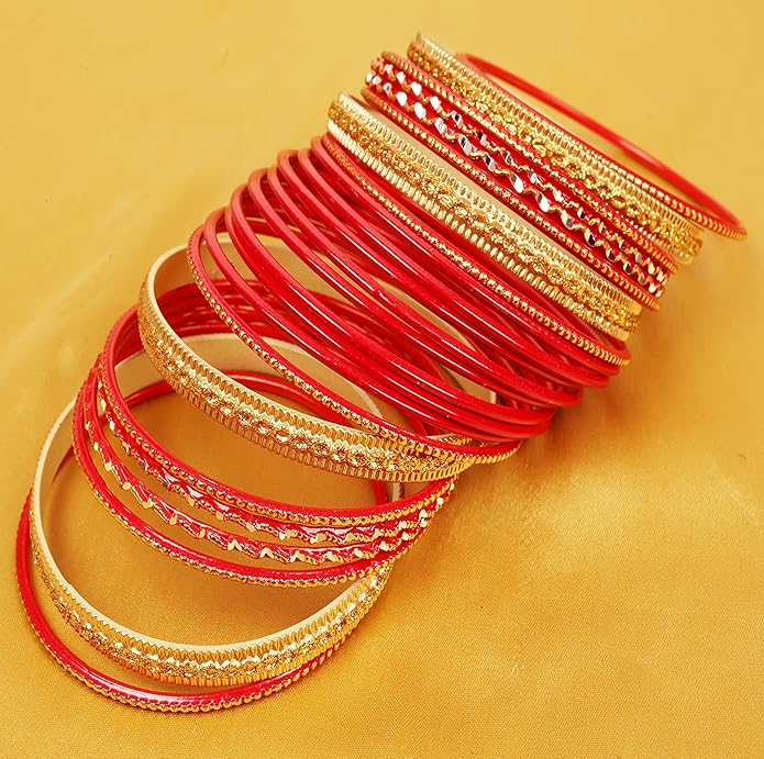 Touchstone Indian Metal Bangles for Women Gold Alloy Bracelets desi 2 Dozen Bangle Collection Bollywood Women's Jewelry Set Multi Stacking Wide Chunky Textured Golden Set of 24 in Gold or White Tone