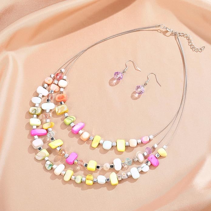 3 Layered Chunky Statement Necklace for Women Beaded Strand Necklaces with Earring Fashion Costumes Collar Necklace Jewelry Sets Gifts for Women