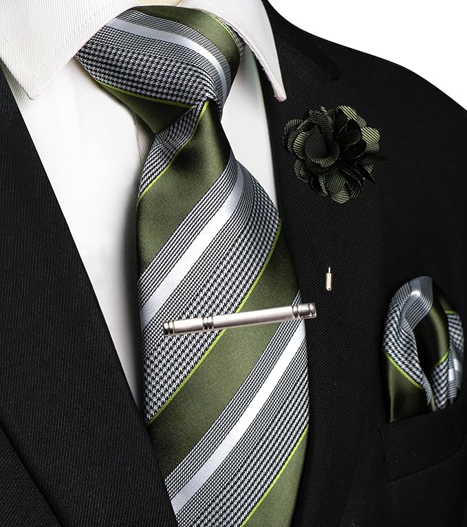 JEMYGINS Mens Striped Tie and Lapel Pin Necktie Pocket Square and Tie Clip Sets for Business Casual 4PCS