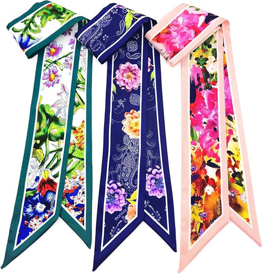 Skinny Scarf 3 Pack for Women – Bag Scarf, Silk Hair Scarves (Original Prints, Premium Twill, 3 Designs)