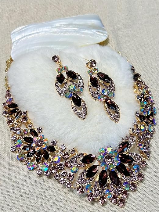 Women Jewelry Set Rhinestone Crystal Green Bride Statement Choker Necklace Teardrop Cluster Dangle Earrings Set for Wedding Party