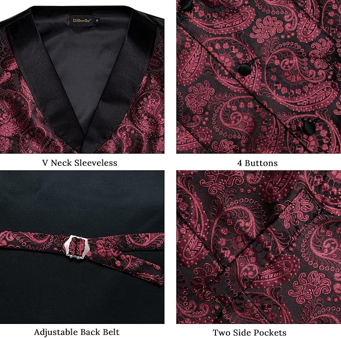 DiBanGu Mens Paisley Suit Vest Silk Jacquard Waistcoat and Necktie Set Formal Shawl Collar Dress Vest 7PCS for Wedding Party