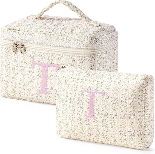 HBselect 2Pcs Initial Quilted Makeup Bag, Pink Cosmetic Travel Toiletry Bag, Flowers Coquette Zipper Make Up Pouch Organizer Teen Girl Gift Trendy Stuff T