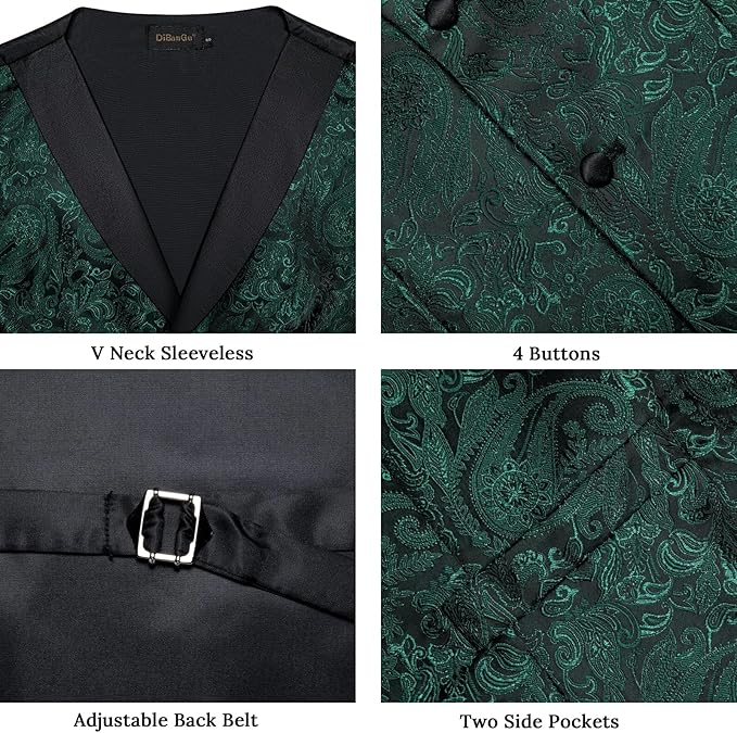 DiBanGu Mens Paisley Suit Vest Silk Jacquard Waistcoat and Necktie Set Formal Shawl Collar Dress Vest 7PCS for Wedding Party