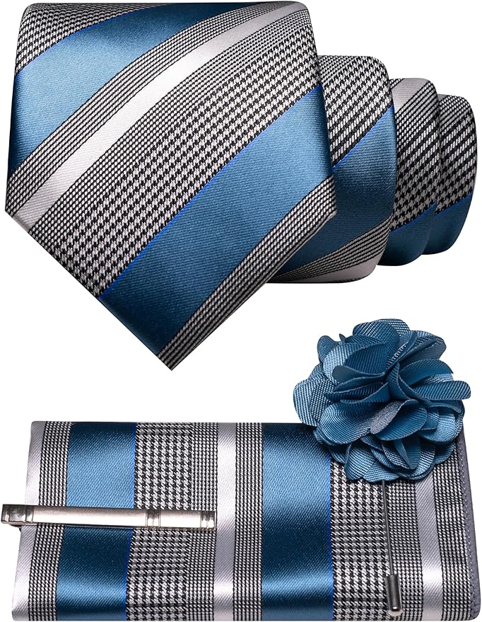 JEMYGINS Mens Striped Tie and Lapel Pin Necktie Pocket Square and Tie Clip Sets for Business Casual 4PCS