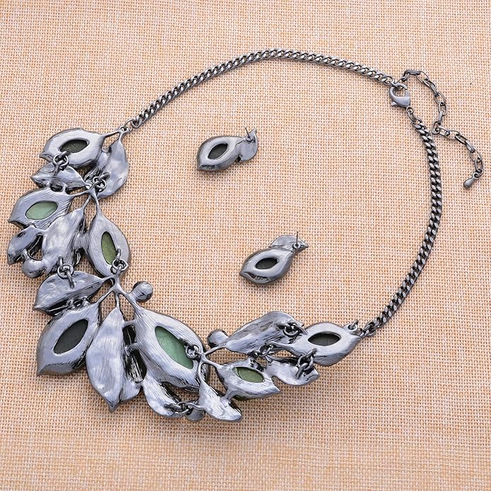 Vintage Statement Jewelry Set Leaf Floral Bohemian Boho Statement Necklace Earring Set Crystal Fashion Costume Jewelry