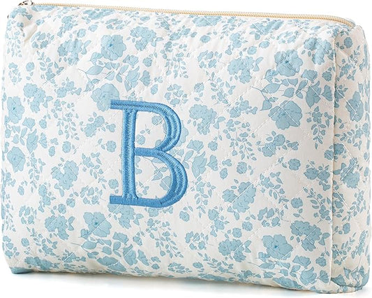 HBselect Initial Quilted Makeup Bag, Cotton Large Travel Makeup Bag, Cute Floral Coquette Make up Bag Cosmetic Bag Toiletry Bag for Women Girls B