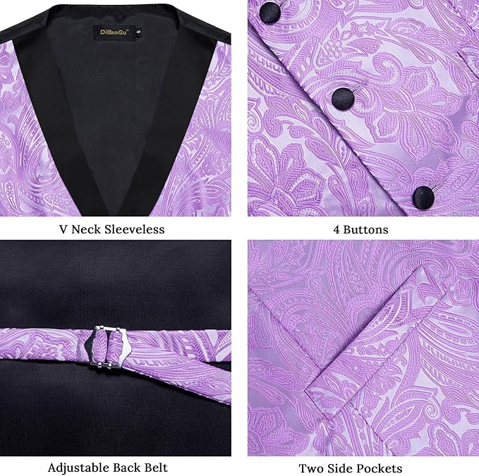 DiBanGu Mens Paisley Suit Vest Silk Jacquard Waistcoat and Necktie Set Formal Shawl Collar Dress Vest 7PCS for Wedding Party