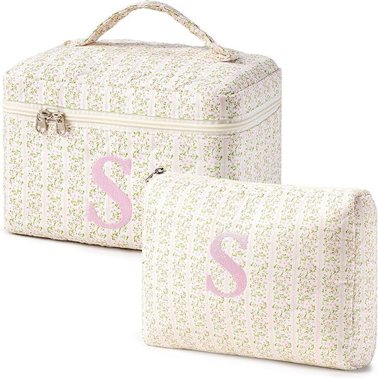HBselect 2Pcs Initial Quilted Makeup Bag, Pink Cosmetic Travel Toiletry Bag, Flowers Coquette Zipper Make Up Pouch Organizer Teen Girl Gift Trendy Stuff S