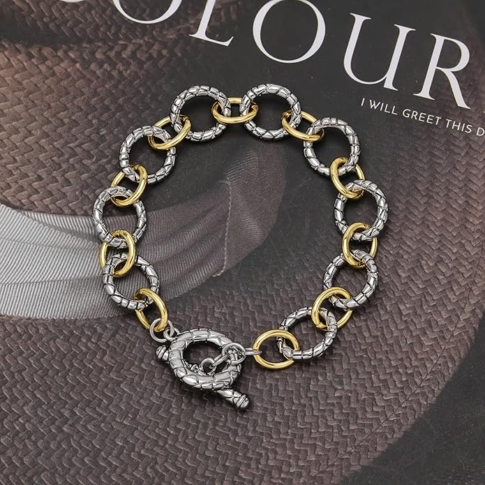 Mytys Link Bracelet for Women Gold and Silver 2 tone Circles Chain Wire Bangle Bracelets