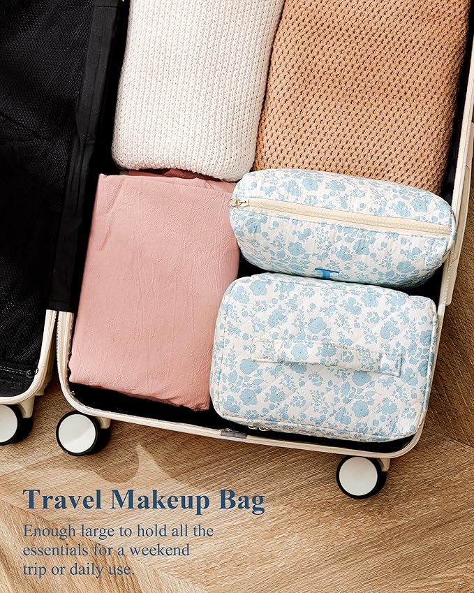 HBselect 2Pcs Initial Quilted Cotton Large Travel Cute Floral Coquette Makeup Bag Cosmetic Toiletry Bag for Women Girls