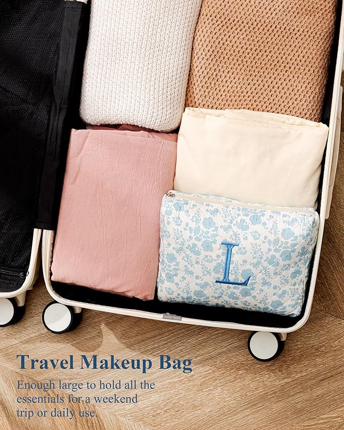 HBselect Initial Quilted Makeup Bag, Cotton Large Travel Makeup Bag, Cute Floral Coquette Make up Bag Cosmetic Bag Toiletry Bag for Women Girls B