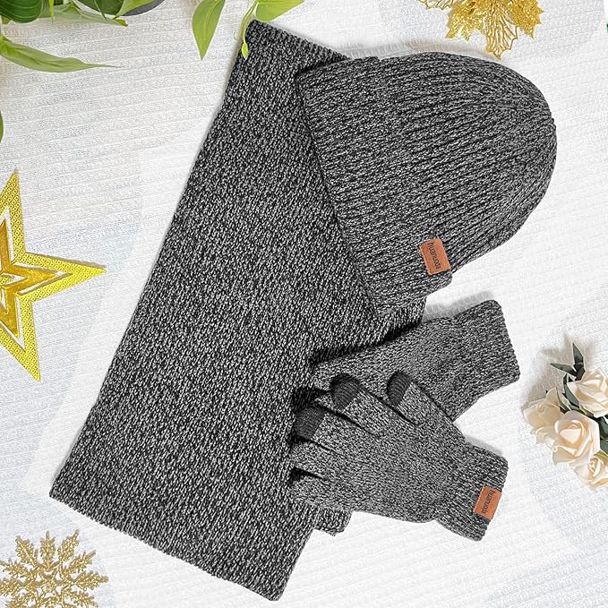 3PCS Winter Beanie Hat Scarf Touchscreen Gloves Set for Men and Women, Knitted Fleece Lined Hats Thermal Gloves Long Scarf