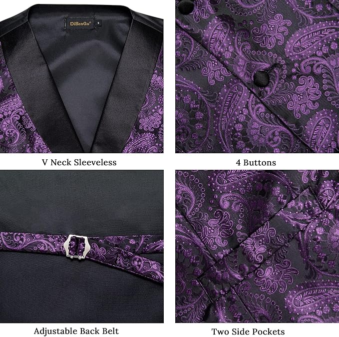 DiBanGu Mens Paisley Suit Vest Silk Jacquard Waistcoat and Necktie Set Formal Shawl Collar Dress Vest 7PCS for Wedding Party