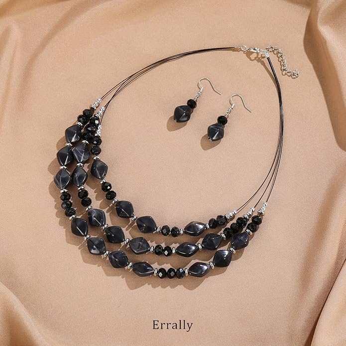 3 Layered Chunky Statement Necklace for Women Beaded Strand Necklaces with Earring Fashion Costumes Collar Necklace Jewelry Sets Gifts for Women