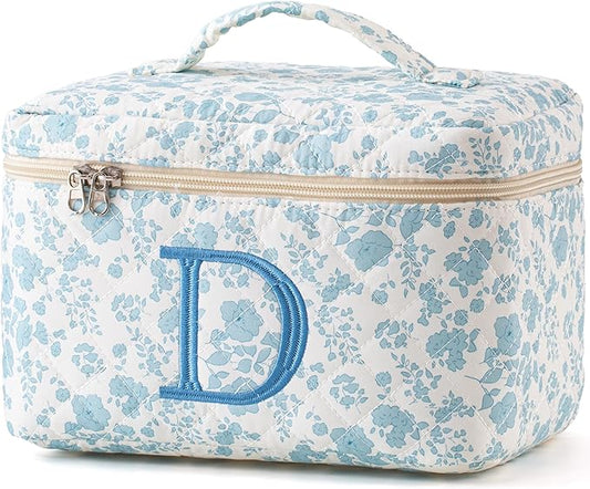 HBselect Initial Quilted Makeup Bag, Cotton Large Travel Makeup Bag, Cute Floral Coquette Make up Bag Cosmetic Bag Toiletry Bag for Women Girls D