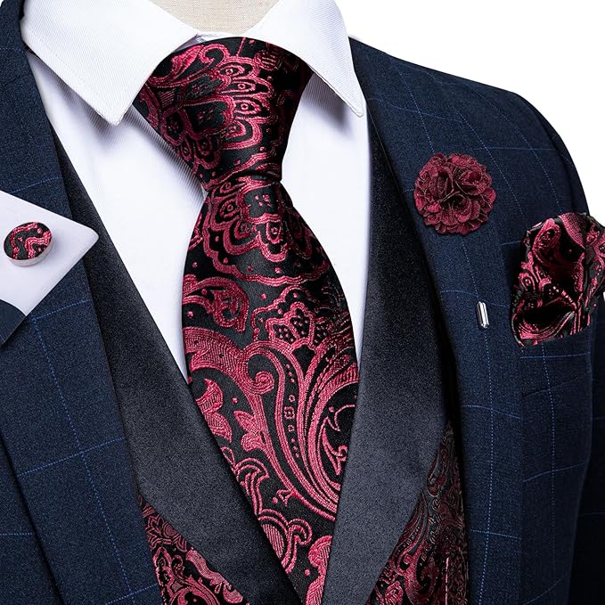 DiBanGu Mens Paisley Suit Vest Silk Jacquard Waistcoat and Necktie Set Formal Shawl Collar Dress Vest 7PCS for Wedding Party