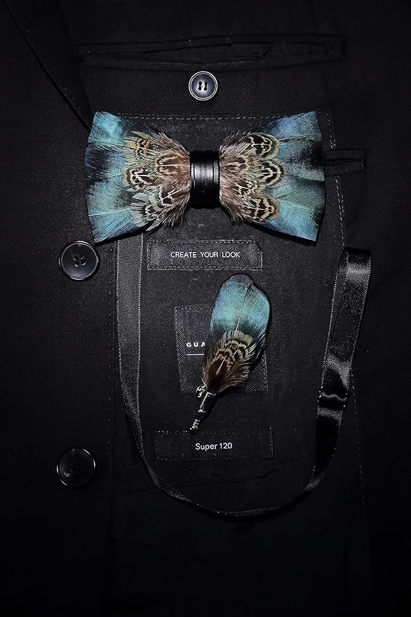 RBOCOTT Handmade Feather Pre-tied Bow tie and Brooch Sets for Men
