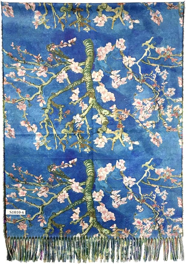 Plum Feathers Super Soft Cashmere Feel Double Sided Reversible Art Shawl Scarf Van Gogh Monet Klimt Inspired