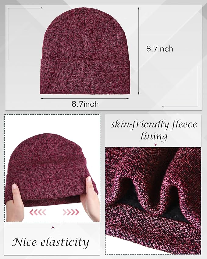 6 Pieces Women Men Knit Winter Warm Beanie Hat Touchscreen Gloves Scarf Set Fleece Lining Skull Caps Neck Scarves (Black, Wine Red)