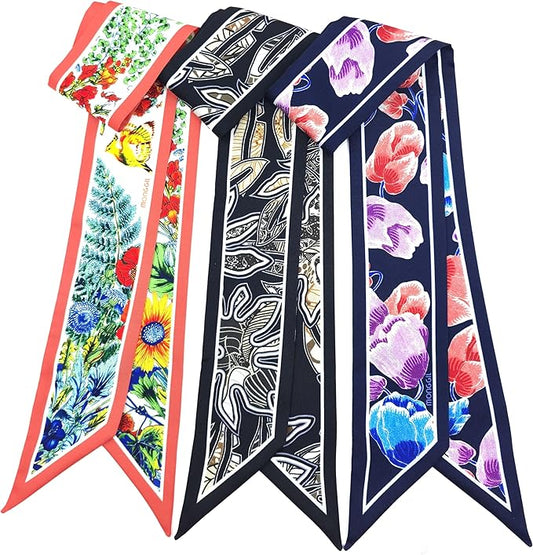 Skinny Scarf 3 Pack for Women – Bag Scarf, Silk Hair Scarves (Original Prints, Premium Twill, 3 Designs)