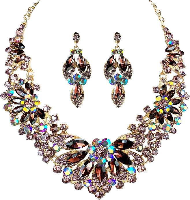 Women Jewelry Set Rhinestone Crystal Green Bride Statement Choker Necklace Teardrop Cluster Dangle Earrings Set for Wedding Party