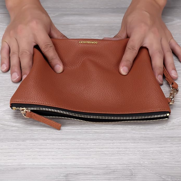 DORIS&JACKY Lambskin Leather Wristlet Clutch Purse for Women Soft Designer Slim Cell Phone Pouch Bag with Detachable Strap
