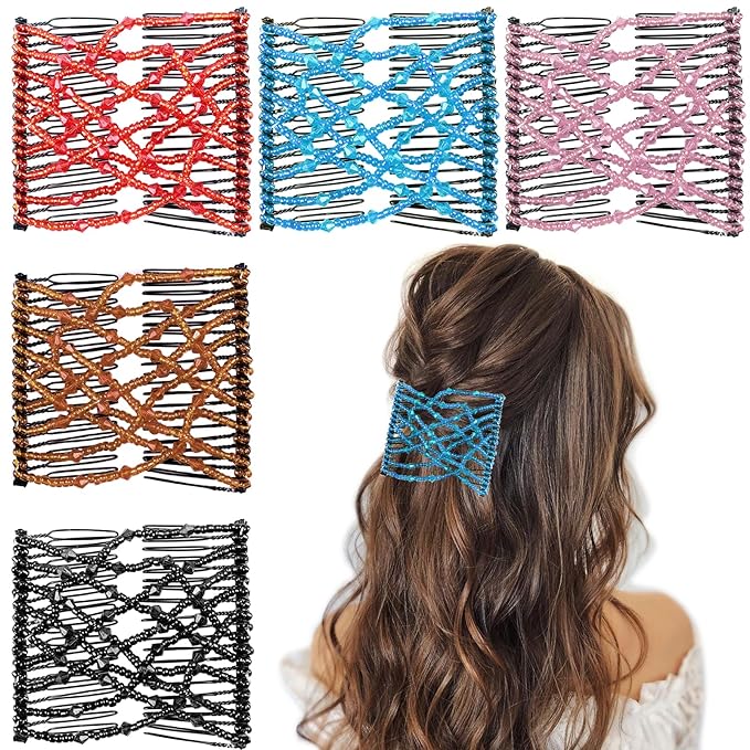 5 Pieces Stretchy Beaded Hair Accessories - Adjustable Elastic Clips, No Crease Pins for Curly Thick Wavy Hair Ponytails, Vintage Bun Makers for Women and Girls