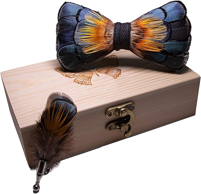 RBOCOTT Handmade Feather Pre-tied Bow tie and Brooch Sets for Men