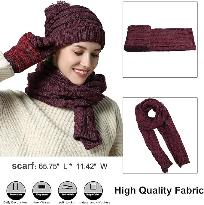 Winter Hat Gloves Scarf Set for Women, Cable Knit Beanie Pom Cap Touch Screen Glove Long Scarf 3PCS Winter Gift for Women Men