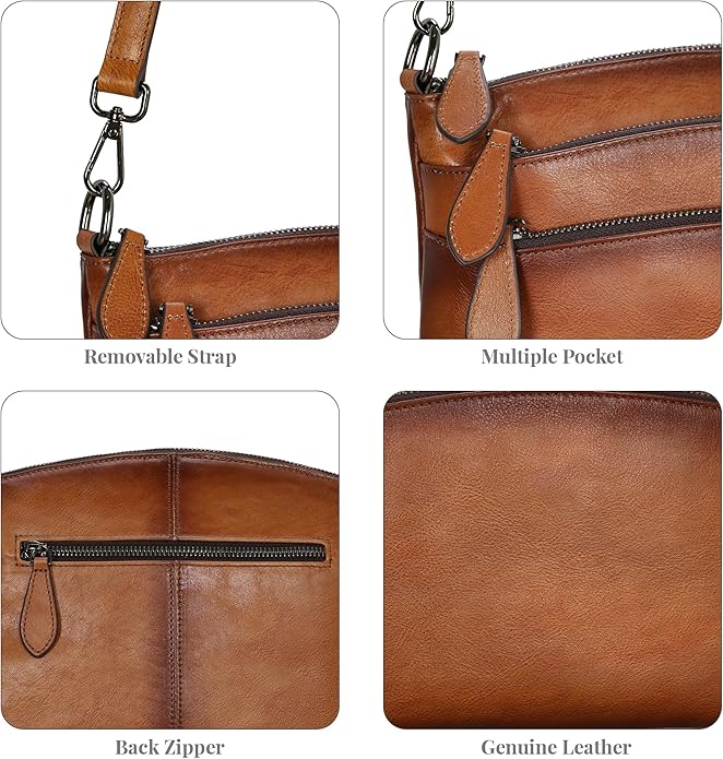 HESHE Crossbody Bags for Women Genuine Leather Purses with Multi-Pockets Vintage Ladies Small Shoulder Satchel Bag