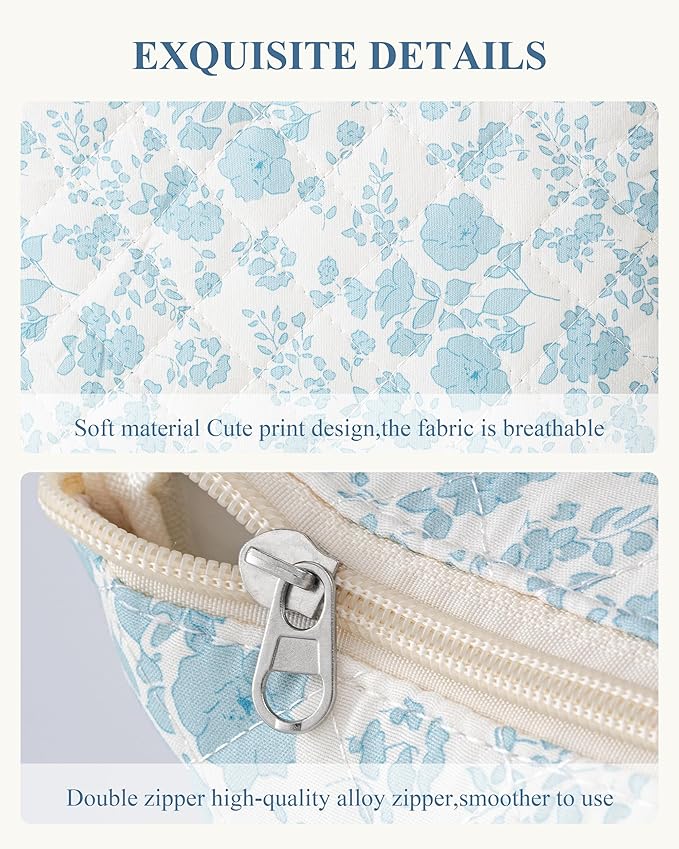 HBselect Initial Quilted Makeup Bag, Cotton Large Travel Makeup Bag, Cute Floral Coquette Make up Bag Cosmetic Bag Toiletry Bag for Women Girls G
