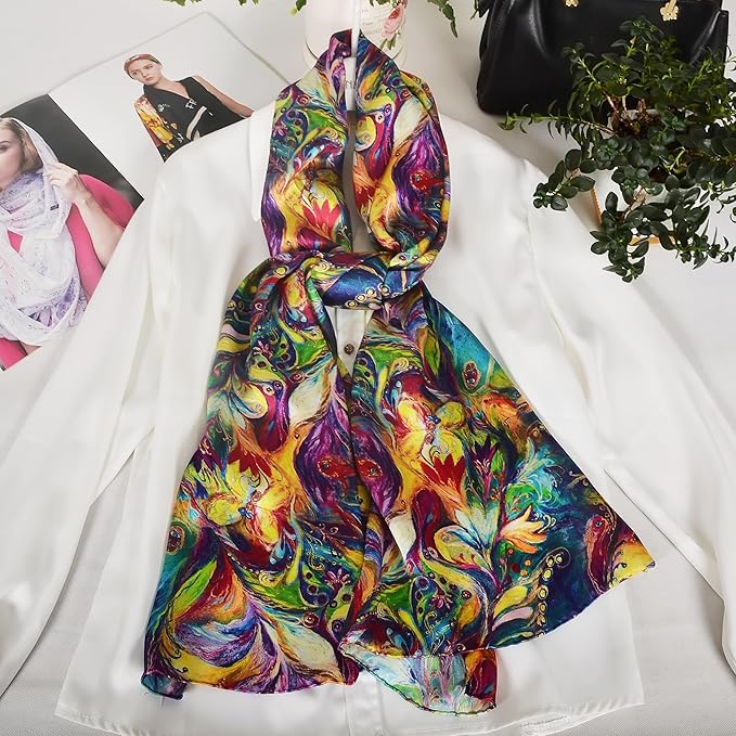 100% Mulberry Silk Scarf for Women Neck Oblong Headscarves Long Floral Print Lightweight Silk Wraps Shawls 67"*20"