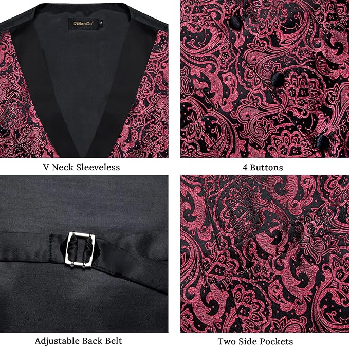 DiBanGu Mens Paisley Suit Vest Silk Jacquard Waistcoat and Necktie Set Formal Shawl Collar Dress Vest 7PCS for Wedding Party