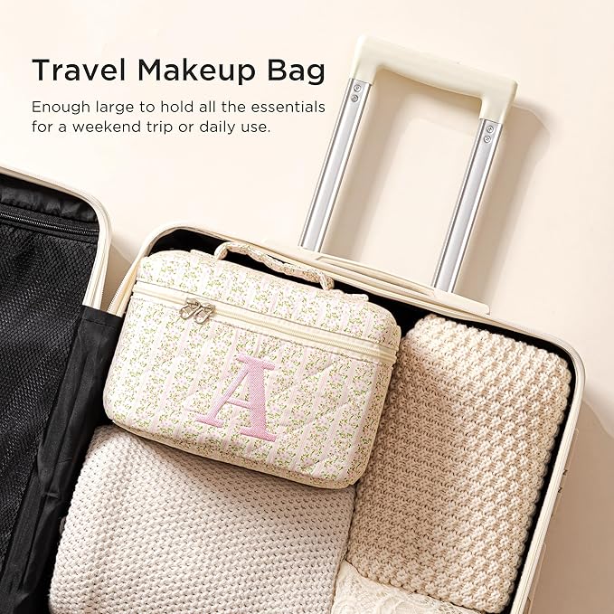 HBselect Initial Quilted Makeup Bag, Pink Cosmetic Travel Toiletry Bag, Flowers Coquette Zipper Make Up Pouch Organizer Teen Girl Gift Trendy Stuff S