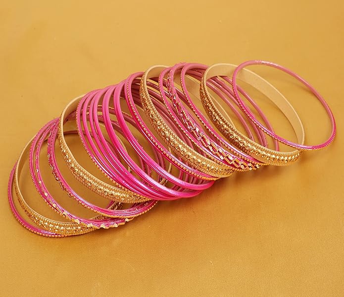 Touchstone Indian Metal Bangles for Women Gold Alloy Bracelets desi 2 Dozen Bangle Collection Bollywood Women's Jewelry Set Multi Stacking Wide Chunky Textured Golden Set of 24 in Gold or White Tone