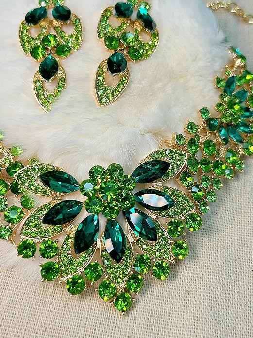 Women Jewelry Set Rhinestone Crystal Green Bride Statement Choker Necklace Teardrop Cluster Dangle Earrings Set for Wedding Party