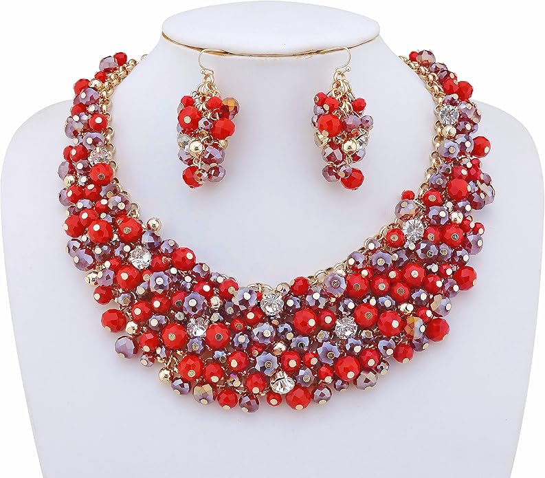 Bocar Fashion Crystal Chunky Collar Statement Necklace Earring Set for Women Gift (NK-10260)