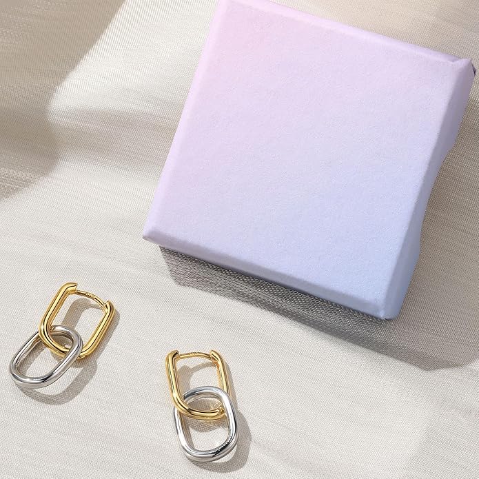 18K Gold Plated Two Tone Gold Silver Hoop Earrings for Women Hypoallergenic - 925 Sterling Silver Drop Dangle Paperclip Huggie Hoop Earrings - Chain Link Dangle Earrings Jewelry