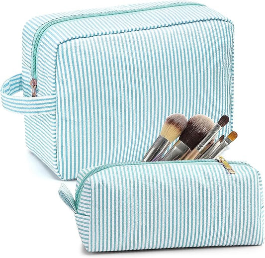 Sanwuta 2 Pcs Makeup Bag Set Seersucker Cosmetic Bag for Women Cute Stripe Travel Toiletry Organizer Aesthetic Preppy Storage Pouch for Girls Wedding Bridesmaid Valentine's Day Gifts(Lake Blue)