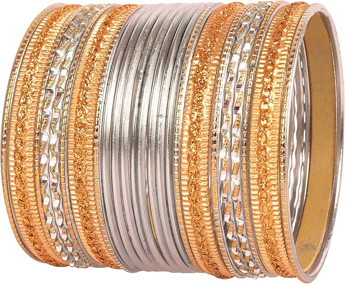 Touchstone Indian Metal Bangles for Women Gold Alloy Bracelets desi 2 Dozen Bangle Collection Bollywood Women's Jewelry Set Multi Stacking Wide Chunky Textured Golden Set of 24 in Gold or White Tone