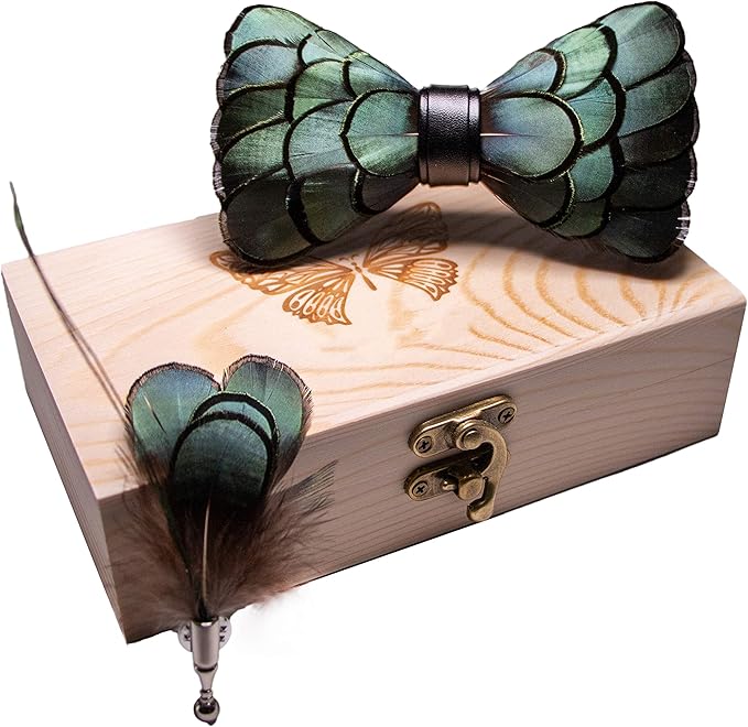 RBOCOTT Handmade Feather Pre-tied Bow tie and Brooch Sets for Men